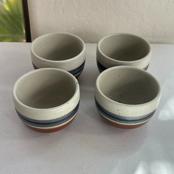 Unbranded Speckled Stoneware Ceramic Tea Cups Japan Set of 4 Blue Stripe 3" - Picture 3 of 14